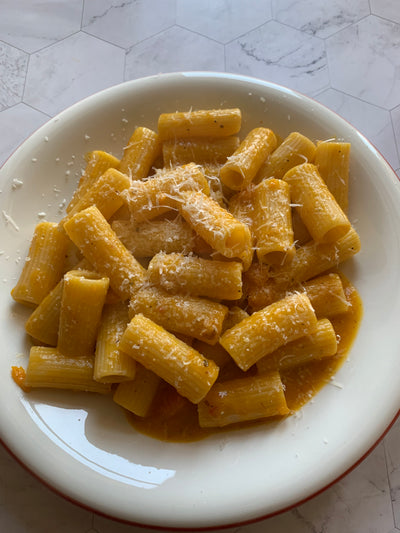 Pasta con calabaza y panceta